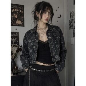 Stoosh Vintage Denim Celestial Star Moon Grunge Shacket Jacket Large Women's